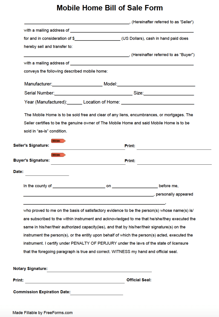 Free Mobile (Manufactured) Home Bill of Sale Form PDF