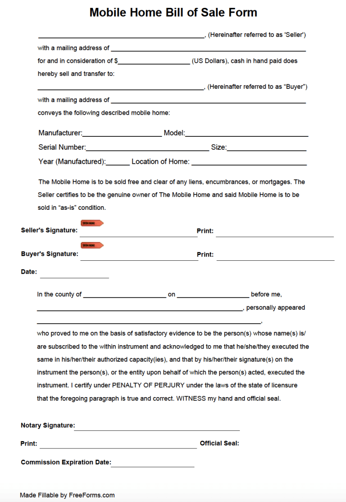 free mobile manufactured home bill of sale form pdf