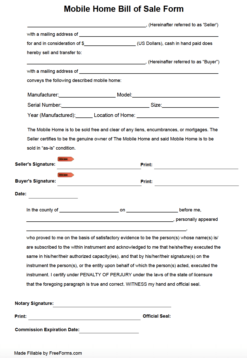Free Mobile (Manufactured) Home Bill of Sale Form  PDF Pertaining To mobile home purchase agreement template
