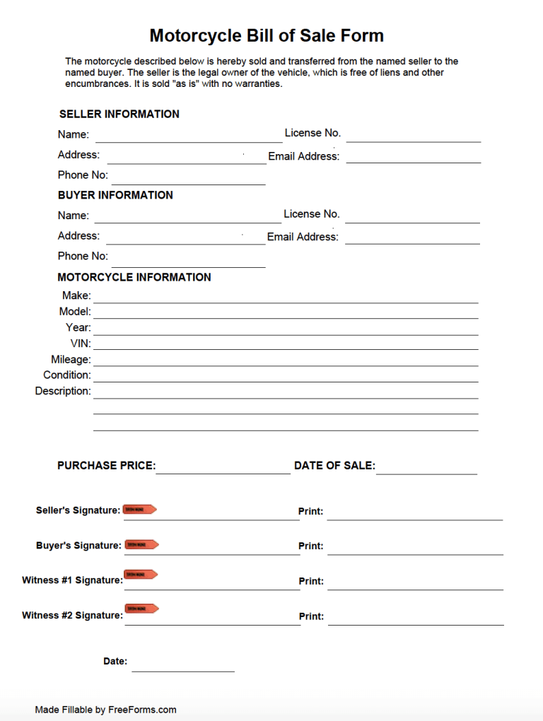 Free Motorcycle Bill of Sale Form PDF