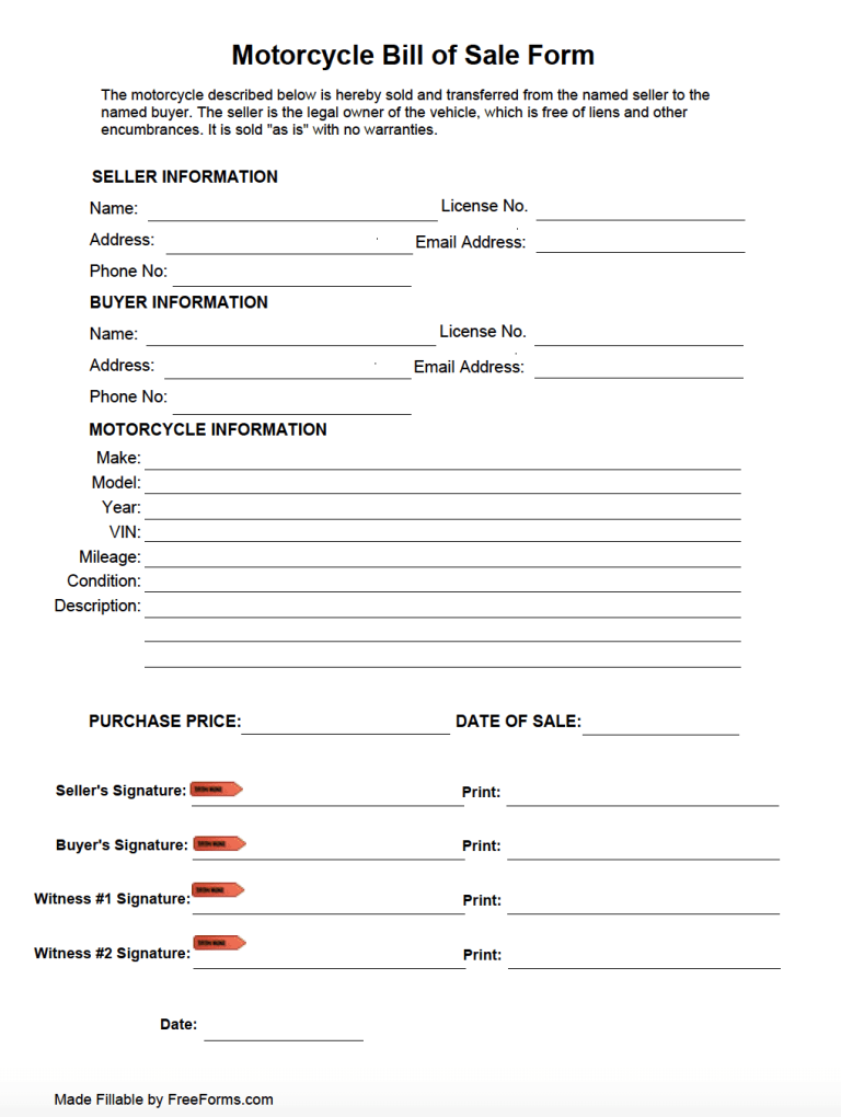 Free Motorcycle Bill Of Sale Form PDF