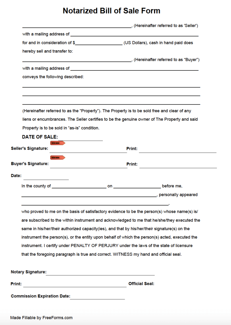 Free Notarized Bill Of Sale Form Pdf Word Eforms Free Notarized Bill Of 