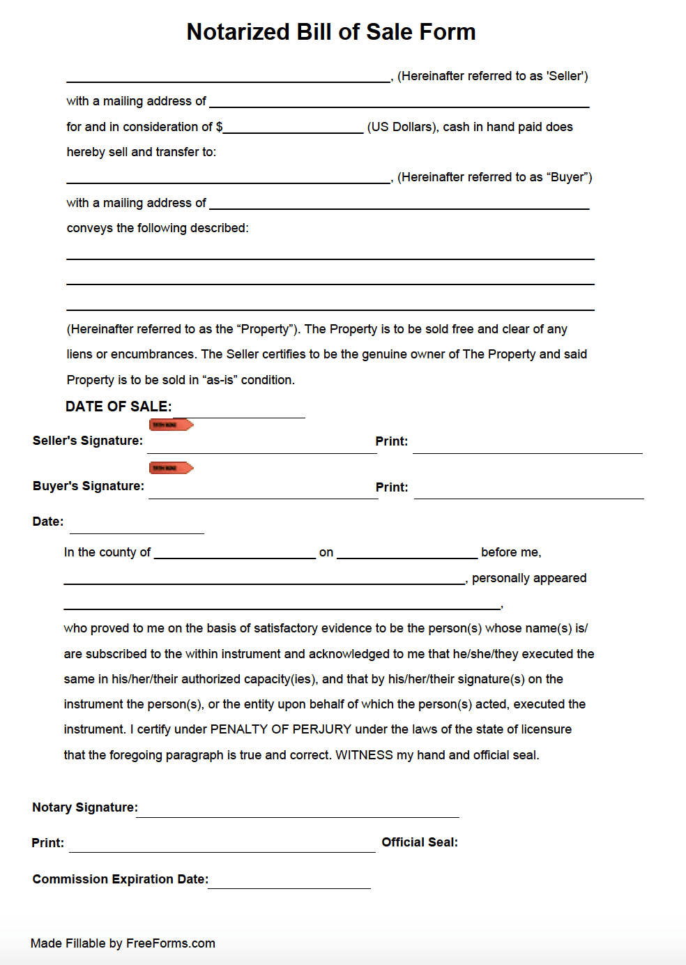 Free Notarized Bill of Sale Form  PDF Inside notarized payment agreement template