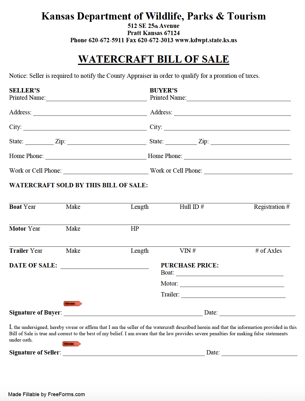 Free Kansas Boat (Vessel) Bill of Sale Form  PDF