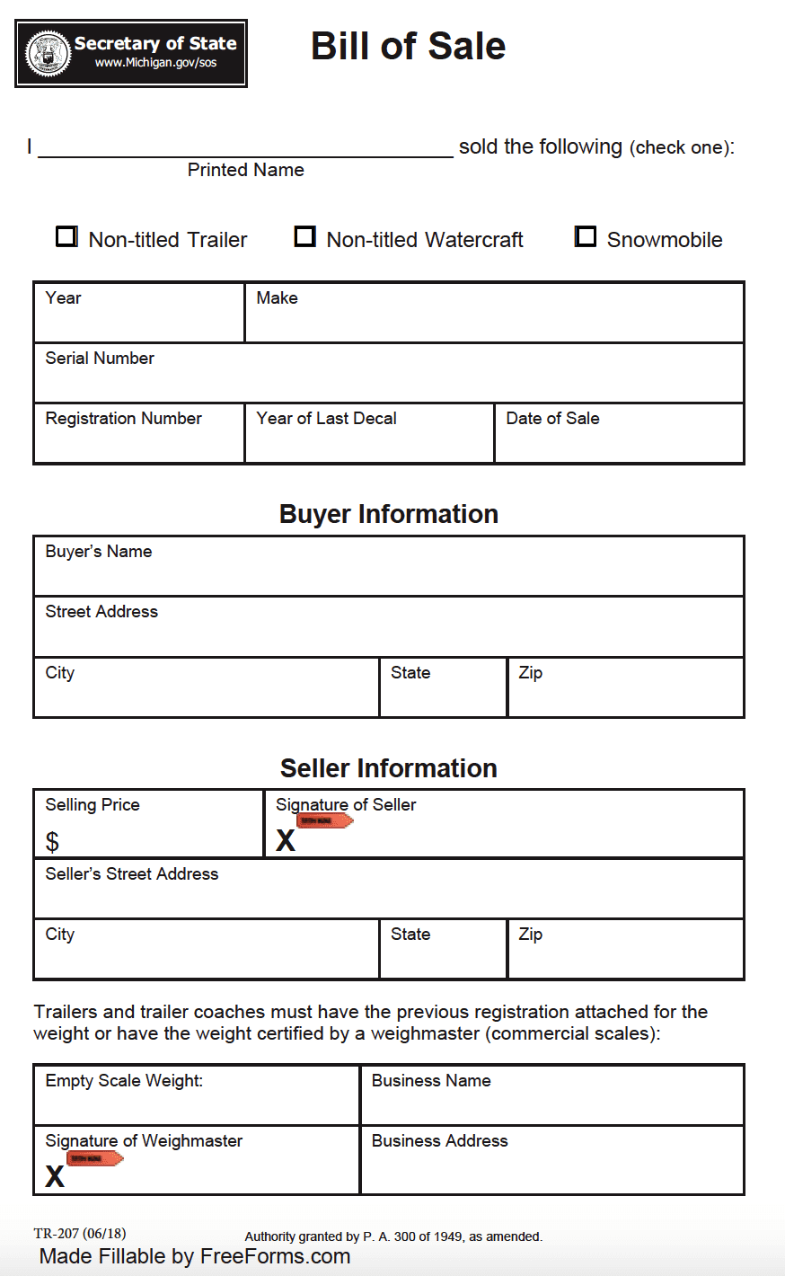 Michigan boat bill of sale form