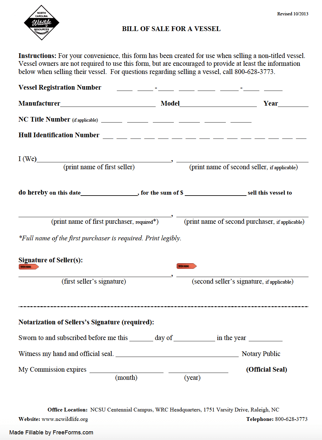 Free North Carolina Boat Vessel Bill Of Sale Form Pdf