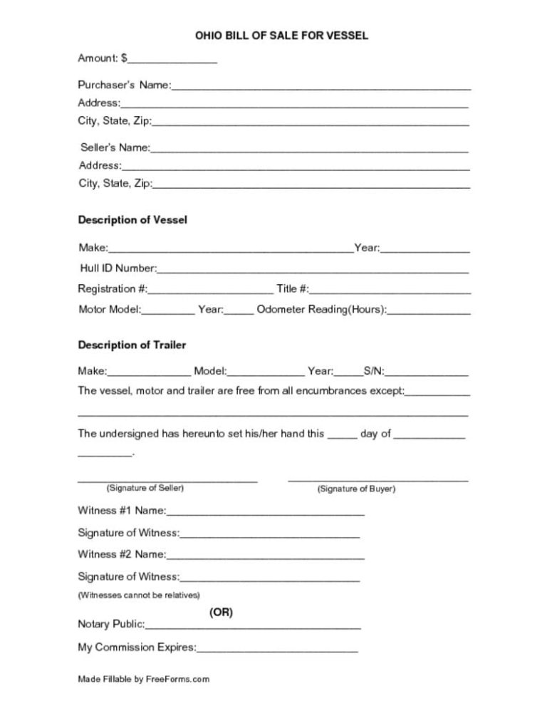 Free Ohio Boat (Vessel) Bill of Sale Form PDF