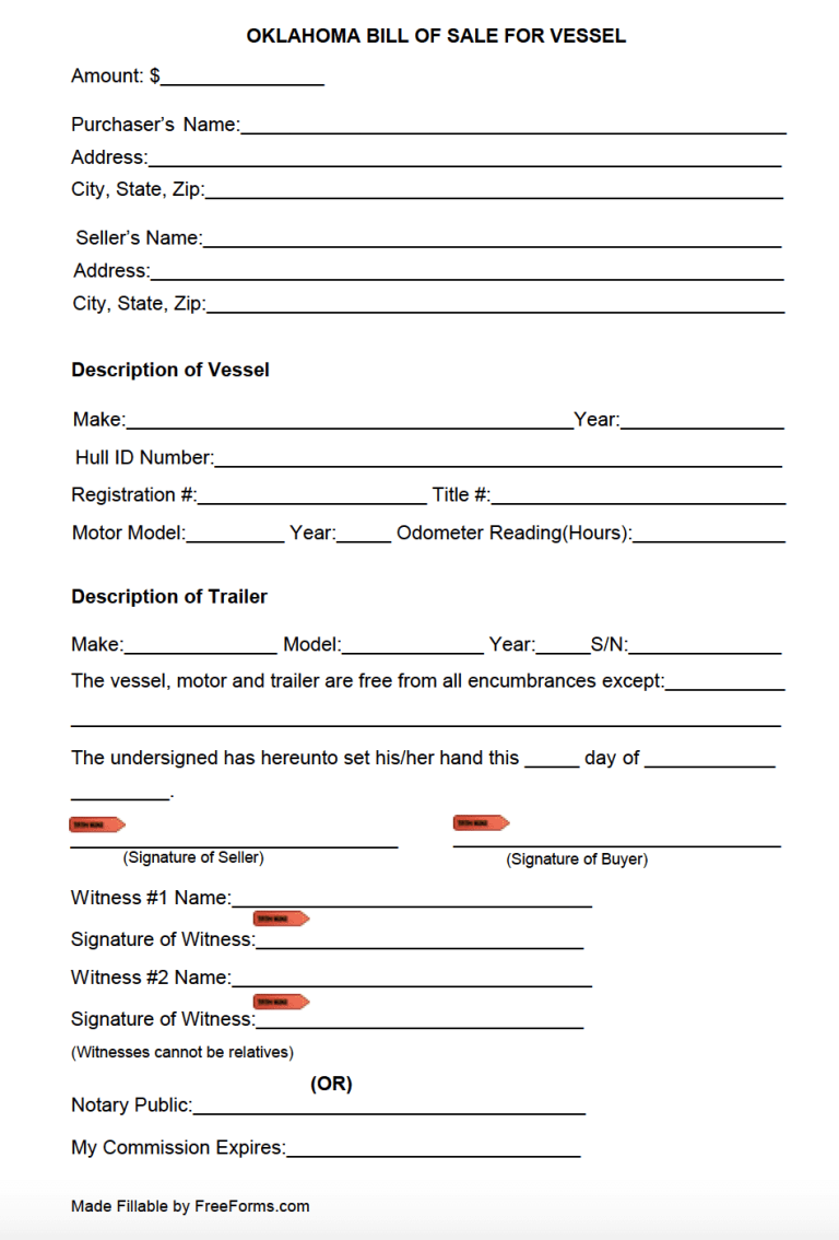 Free Oklahoma Boat Vessel Bill Of Sale Form PDF