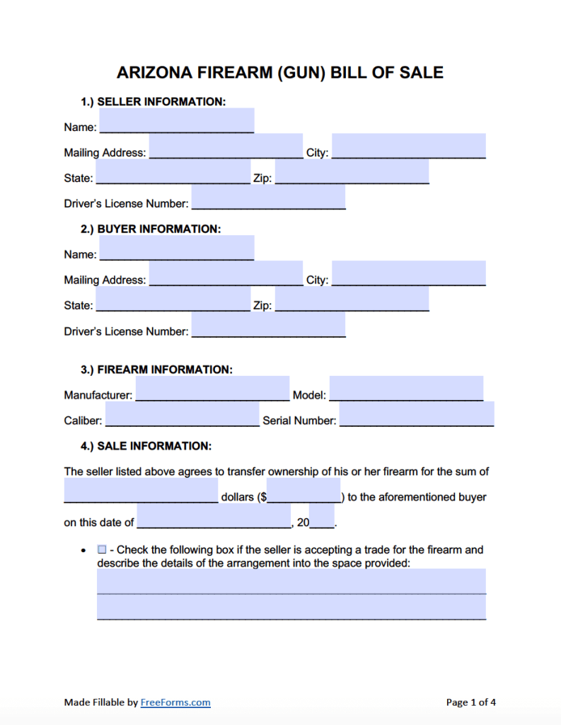 Free Arizona Firearm Gun Bill Of Sale Form PDF WORD