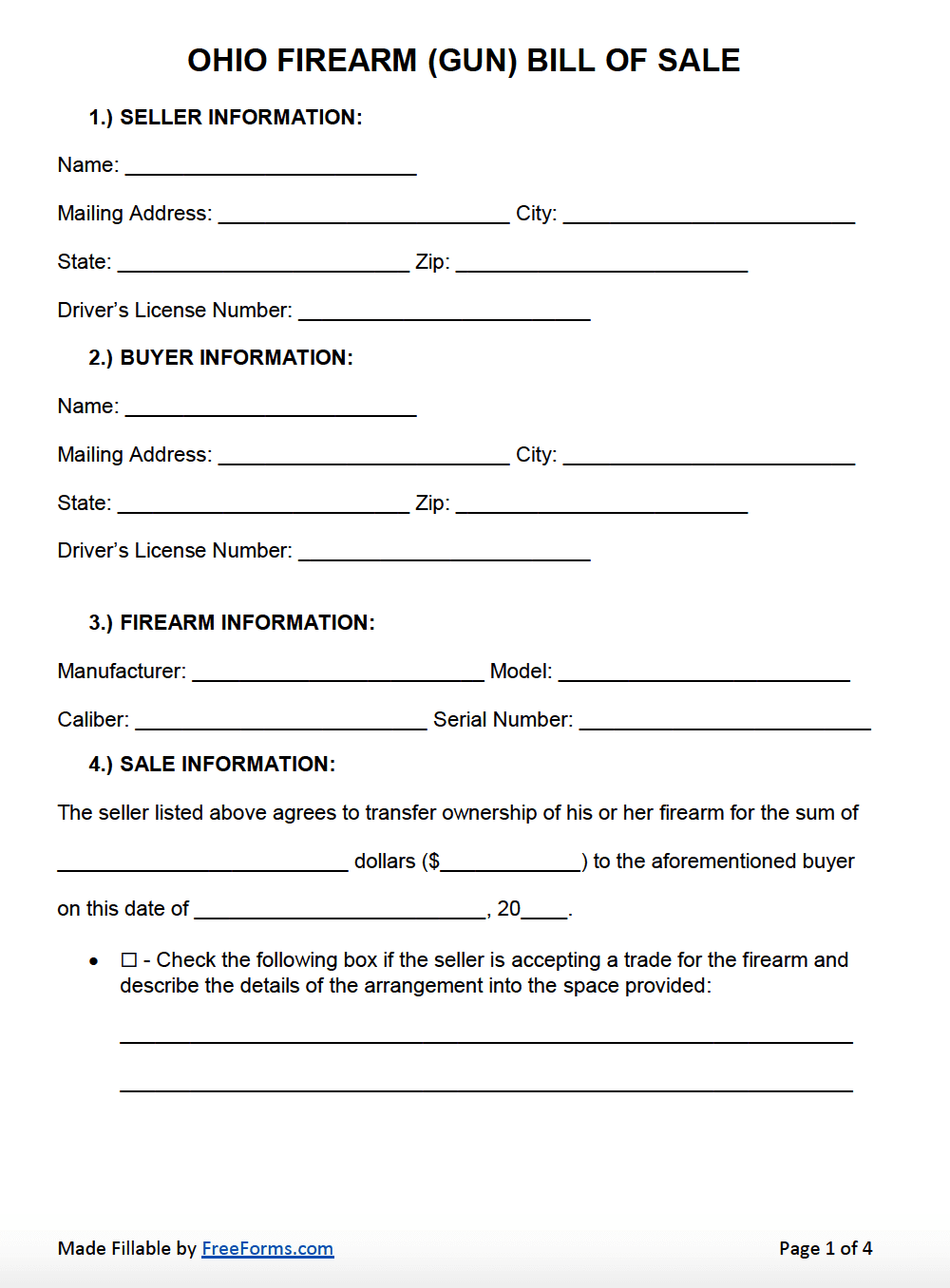 Free Ohio Firearm (Gun) Bill of Sale Form  PDF  WORD