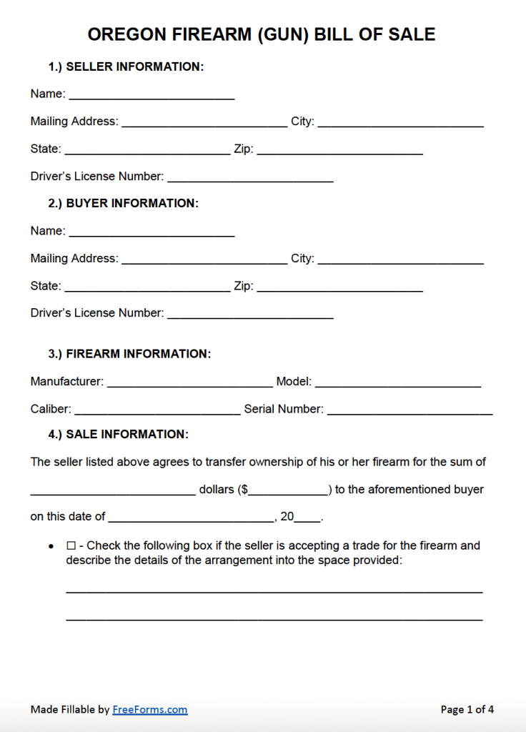 Free Oregon Firearm Gun Bill Of Sale Form PDF WORD
