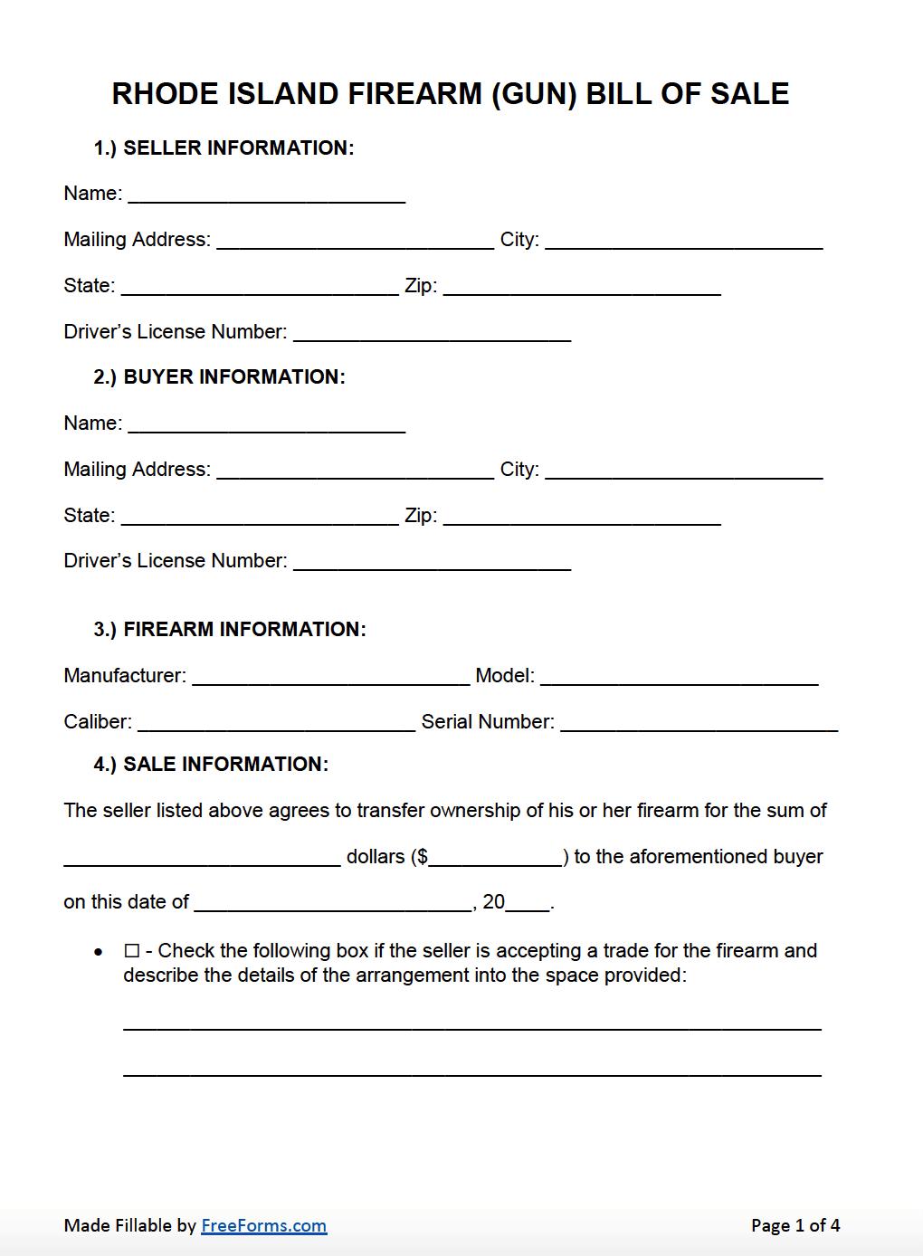 Free Rhode Island Firearm (Gun) Bill of Sale Form  PDF  WORD Within Bill Of Sale Template Ri