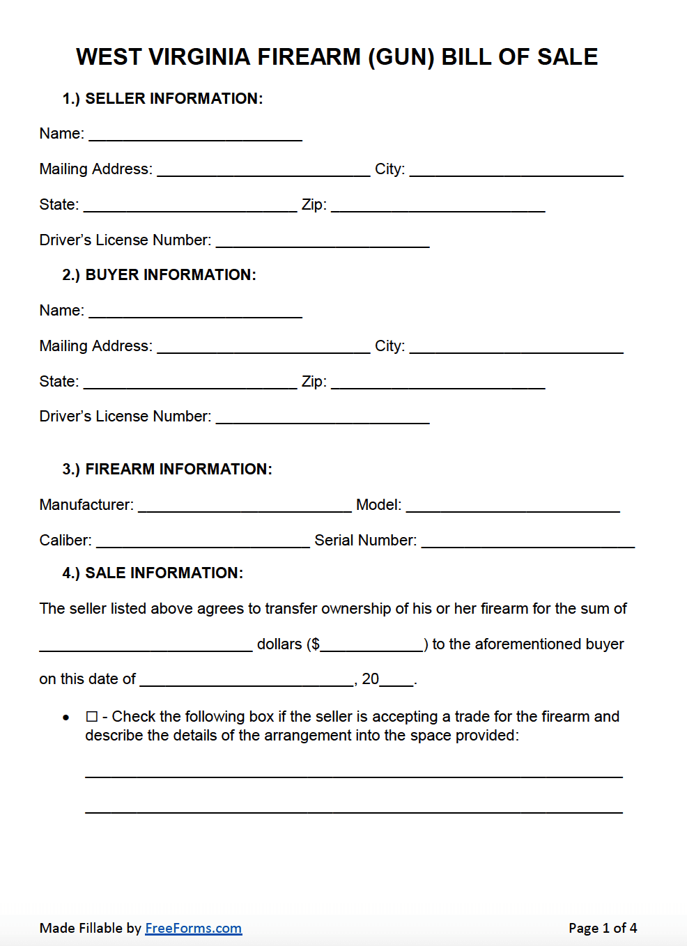 Free West Virginia Firearm Gun Bill Of Sale Form PDF WORD
