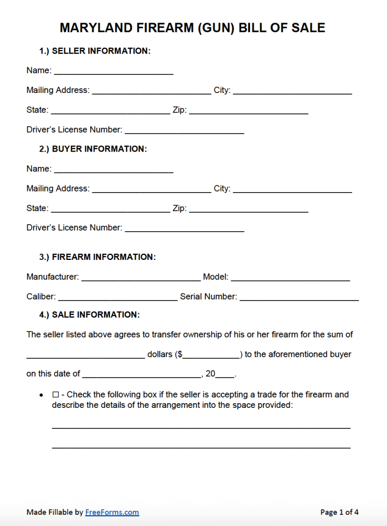 Free Maryland Firearm Gun Bill Of Sale Form PDF WORD