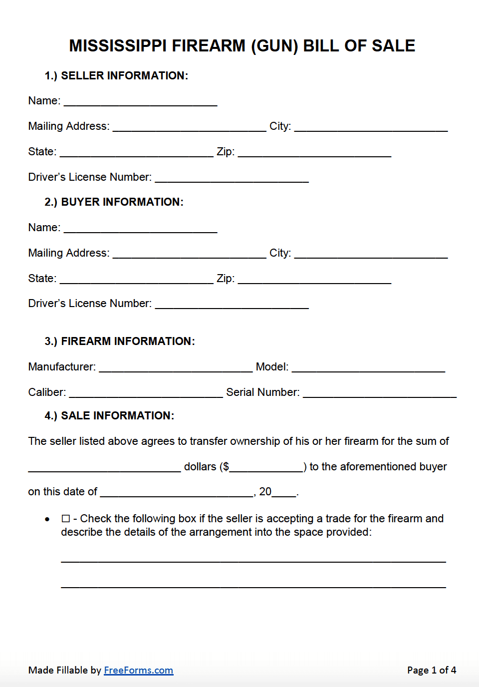 Free Mississippi Firearm (Gun) Bill of Sale Form PDF WORD