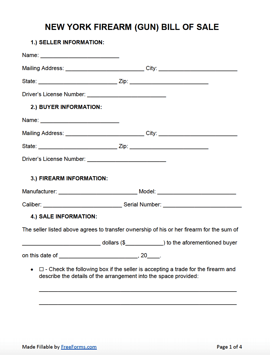 Free New York Firearm (Gun) Bill of Sale Form | PDF | Word