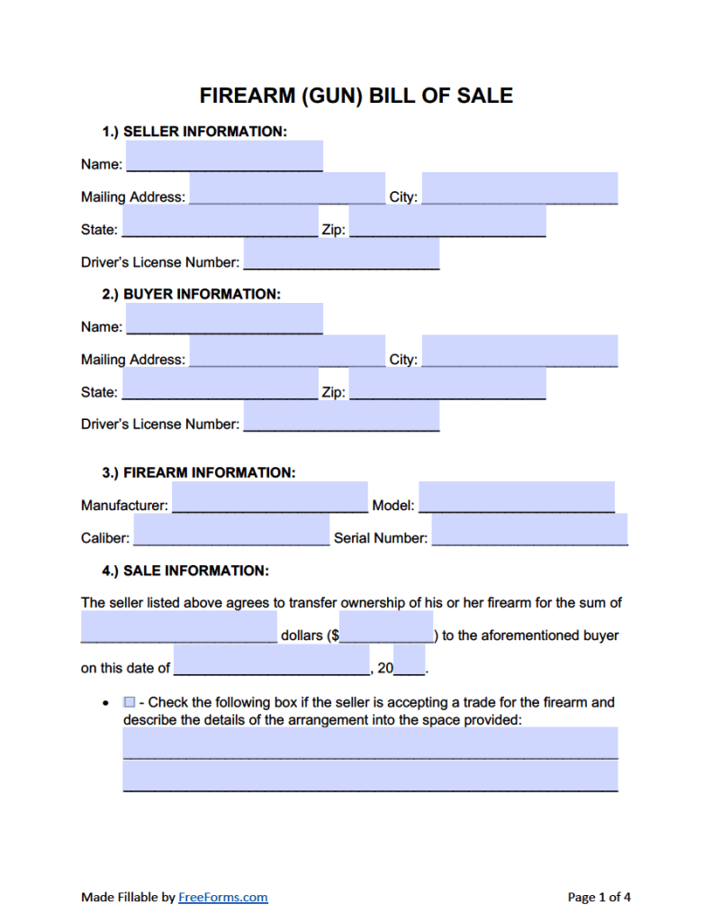 Free Firearm Gun Bill Of Sale Form PDF WORD