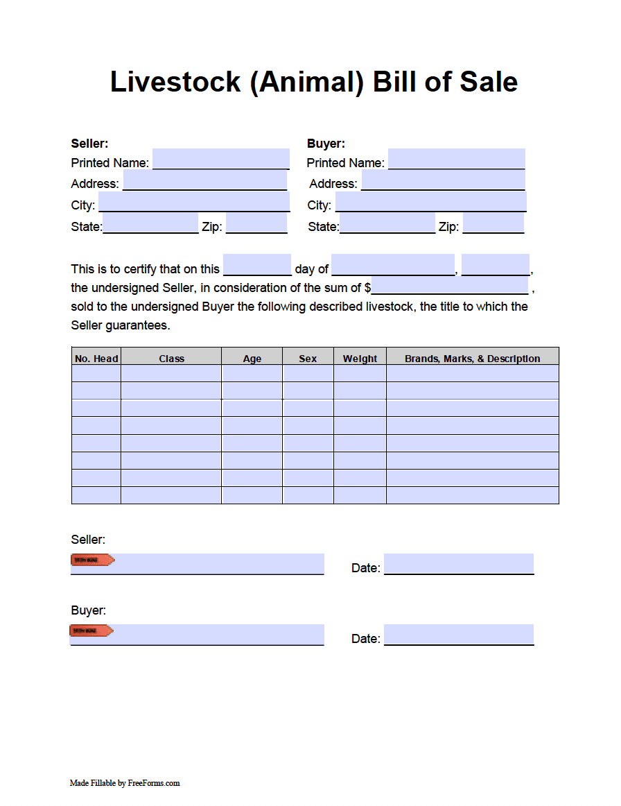 Free Printable Livestock Bill Of Sale