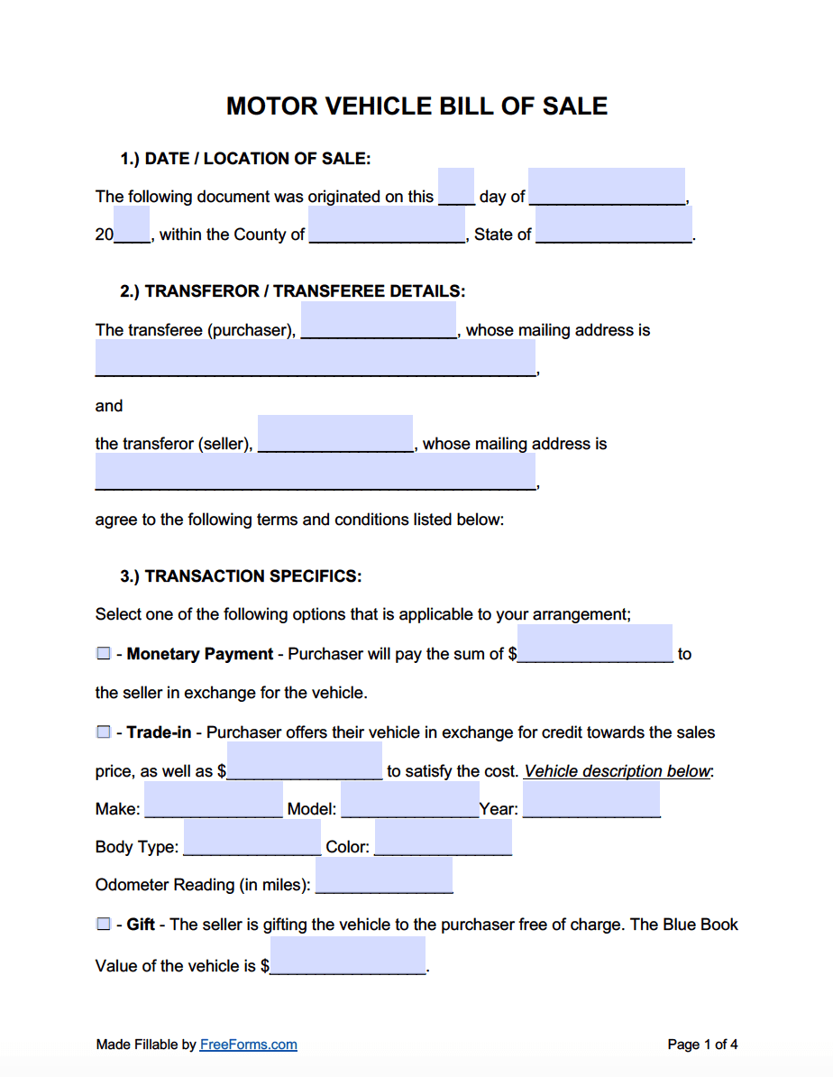 Free Motor Vehicle (DMV) Bill of Sale Form  PDF  WORD Throughout Car Bill Of Sale Word Template