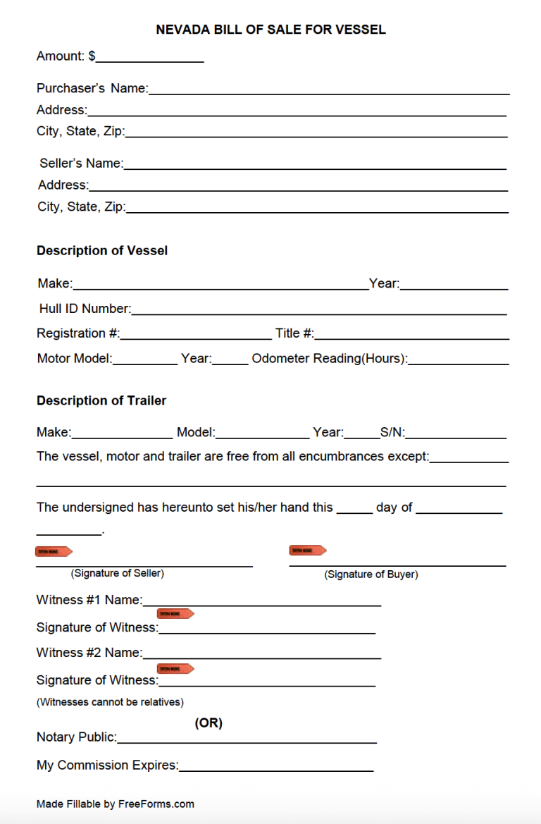 Free Nevada Boat (Vessel) Bill of Sale Form PDF