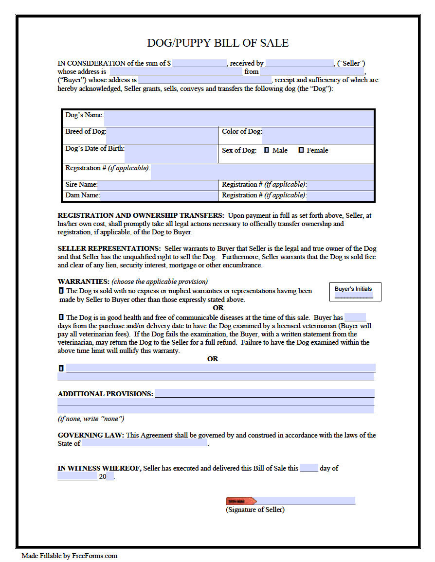 Free Dog/Puppy Bill of Sale Form  PDF