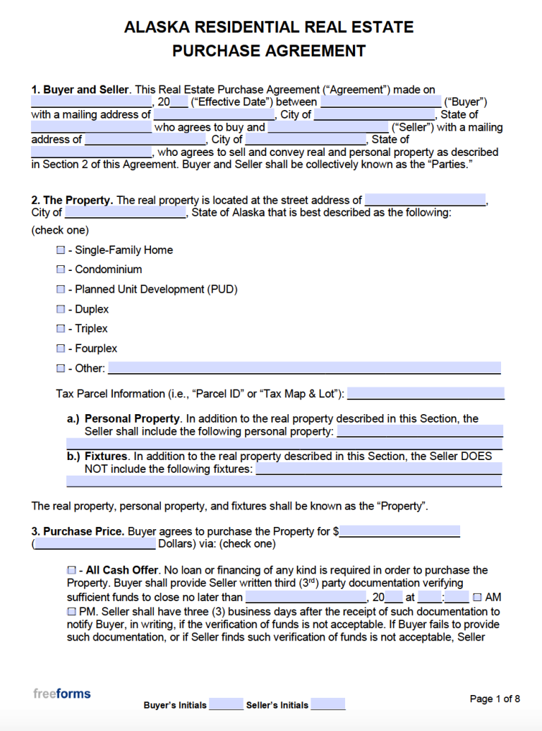Free Alaska Real Estate Purchase Agreement Template PDF WORD