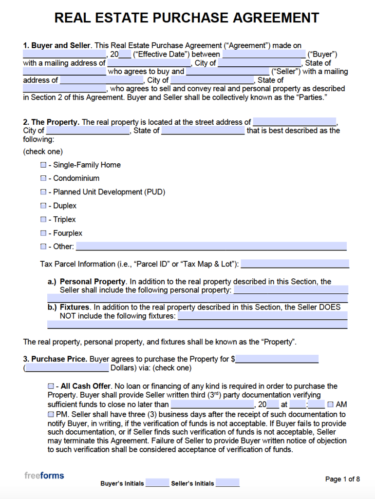 Free Real Estate Purchase Agreements | PDF | WORD