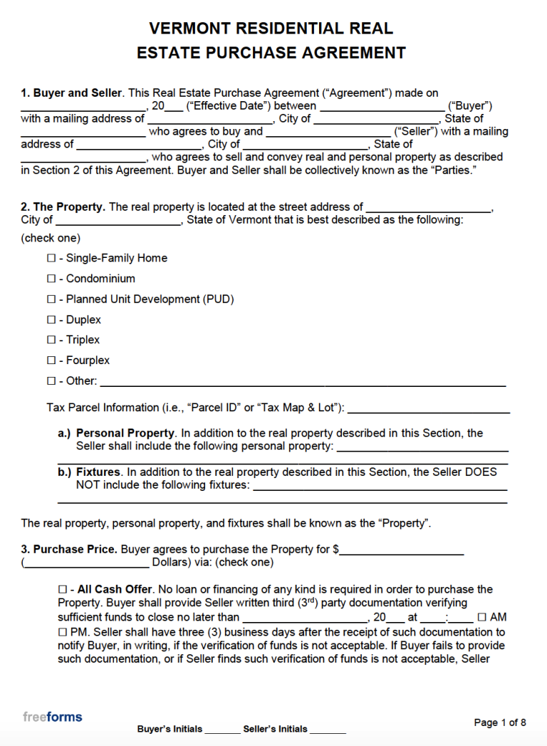 Free Vermont Real Estate Purchase Agreement Template PDF WORD