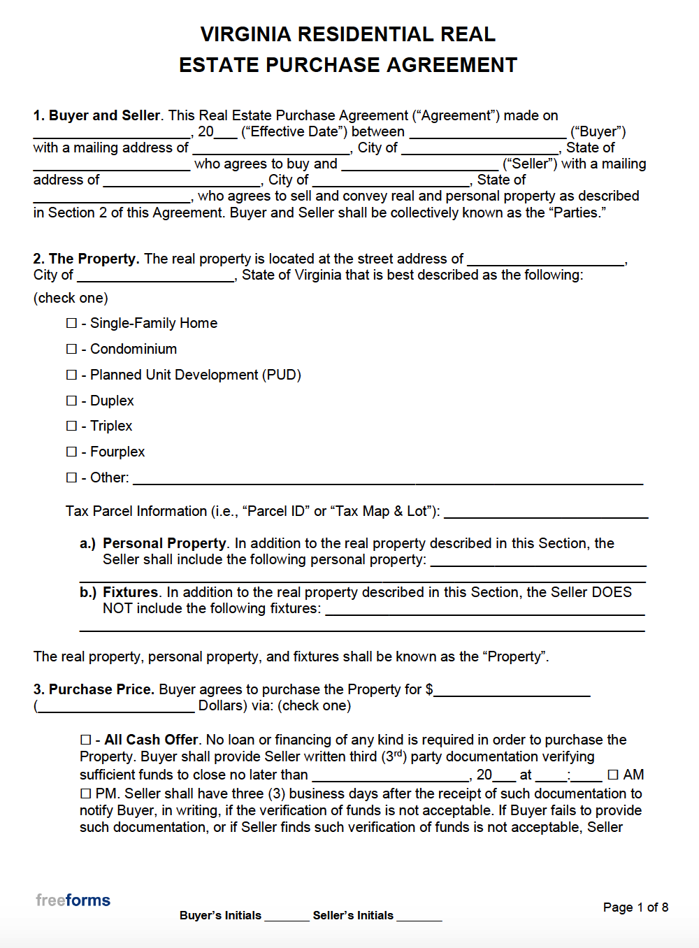 Free Virginia Real Estate Purchase Agreement Template PDF WORD