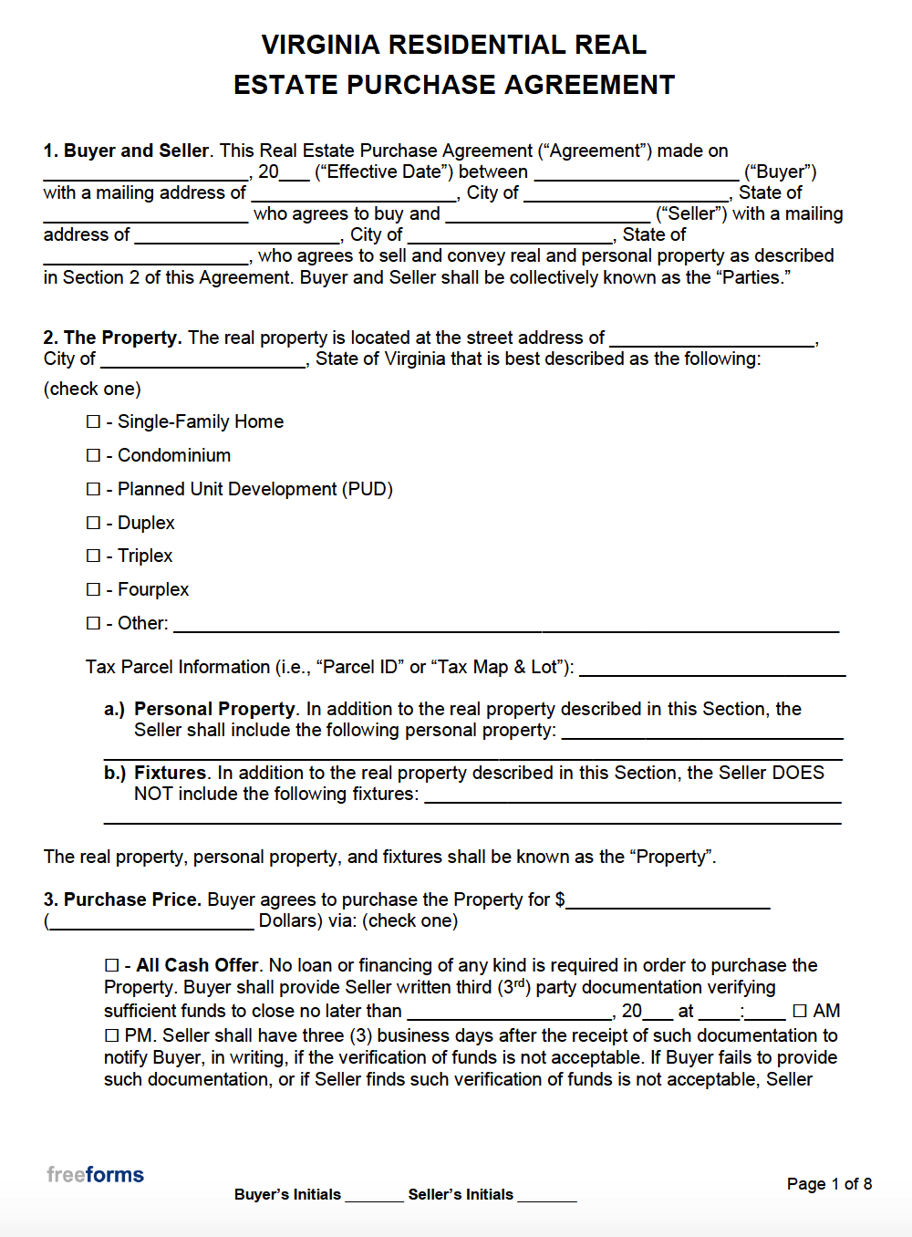 Free Virginia Real Estate Purchase Agreement Template Pdf Word