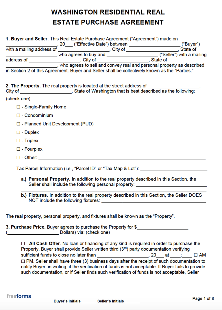 Free Washington Real Estate Purchase Agreement Template | PDF | WORD