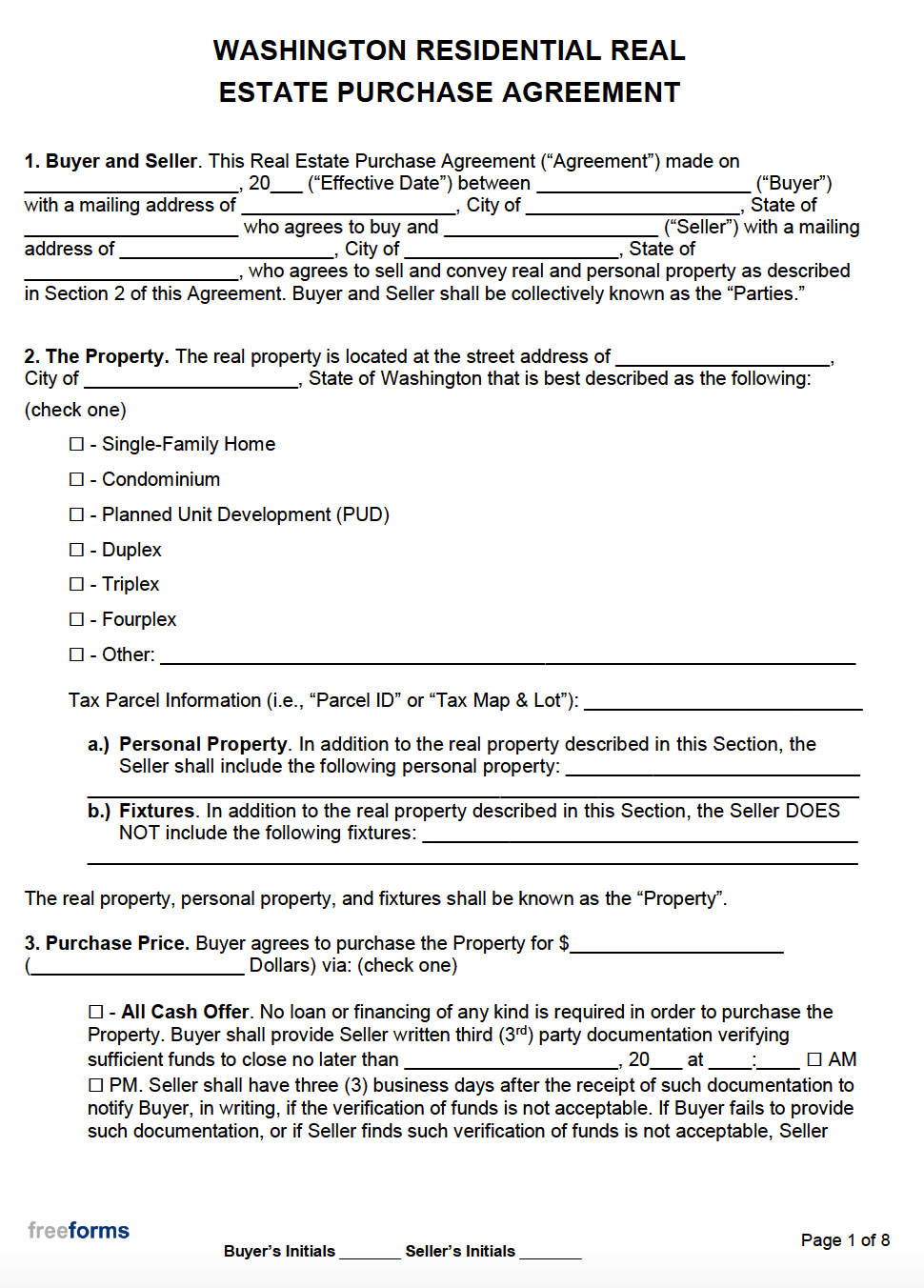 Free Washington Real Estate Purchase Agreement Template PDF WORD