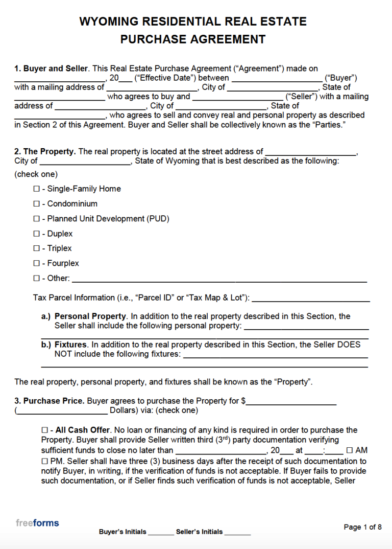 Free Wyoming Real Estate Purchase Agreement Template | PDF | WORD