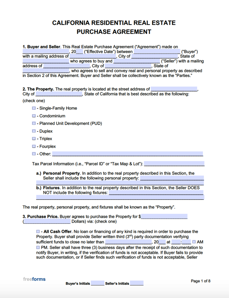Free California Real Estate Purchase Agreement Template PDF WORD