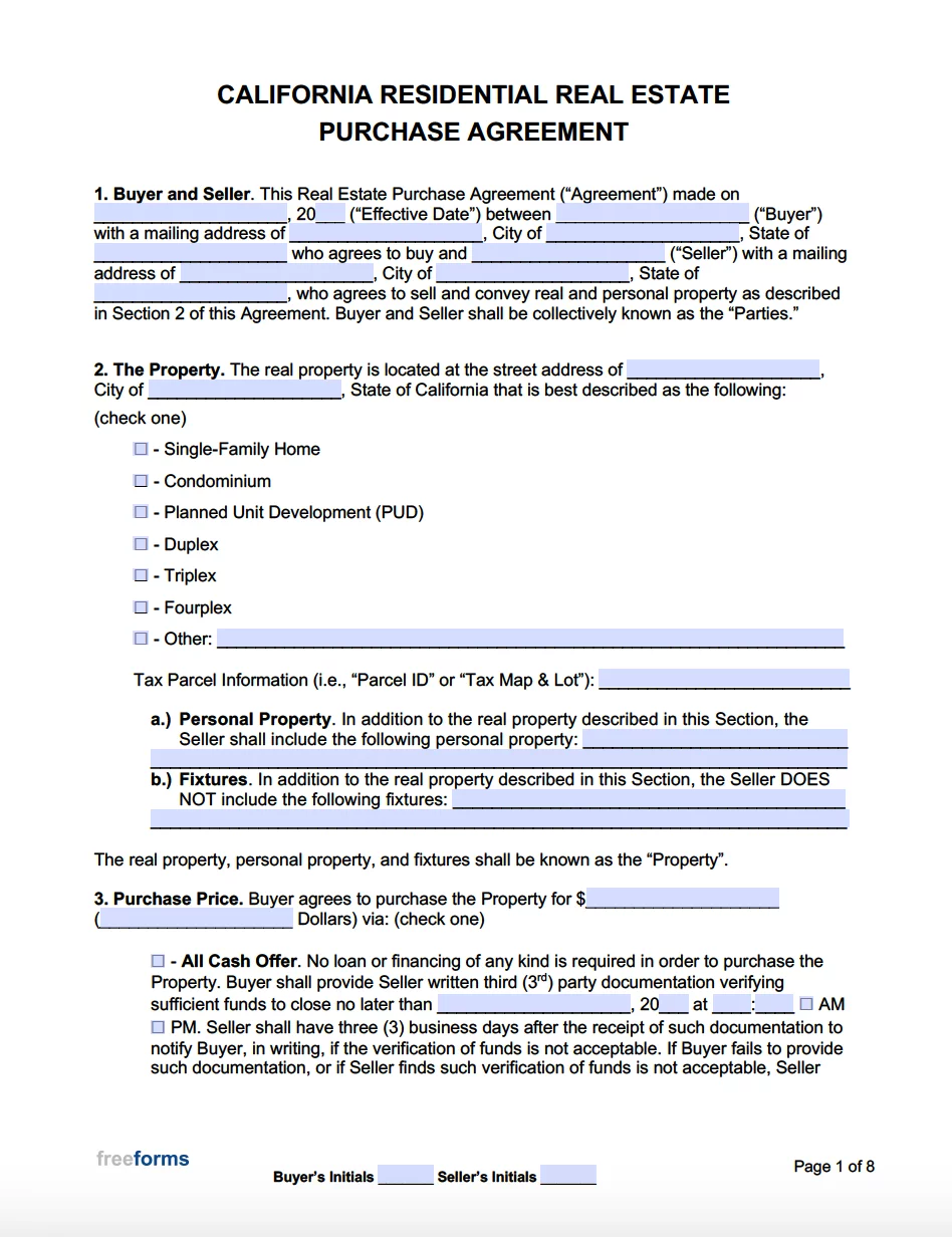 Free California Real Estate Purchase Agreement Template | PDF | WORD