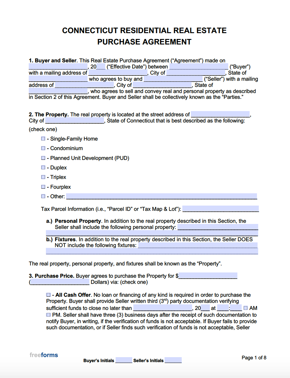 Free Connecticut Real Estate Purchase Agreement Template PDF WORD