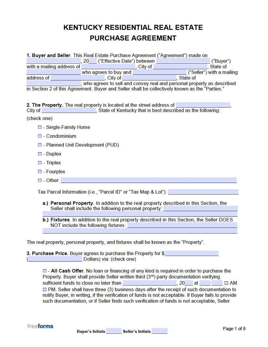 free kentucky real estate purchase agreement template pdf word
