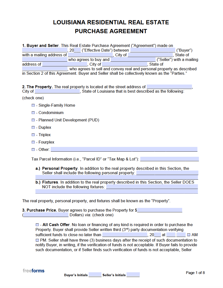 Free Louisiana Real Estate Purchase Agreement Template | PDF | WORD