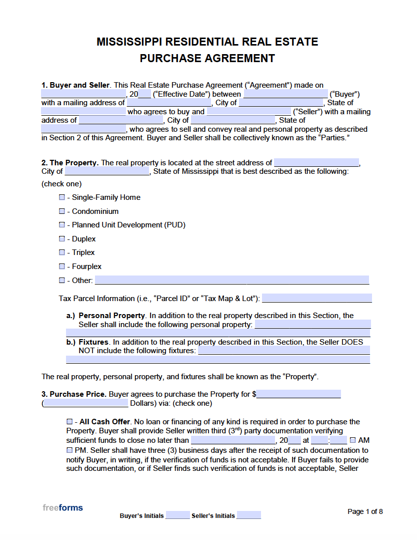 Free Mississippi Real Estate Purchase Agreement Template  PDF  WORD