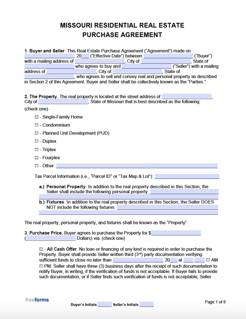 Free Missouri Real Estate Purchase Agreement Template PDF WORD