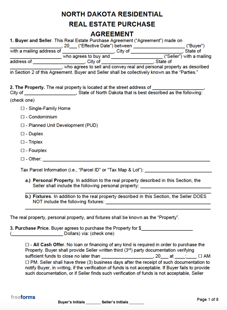 Free North Dakota Real Estate Purchase Agreement Template PDF WORD