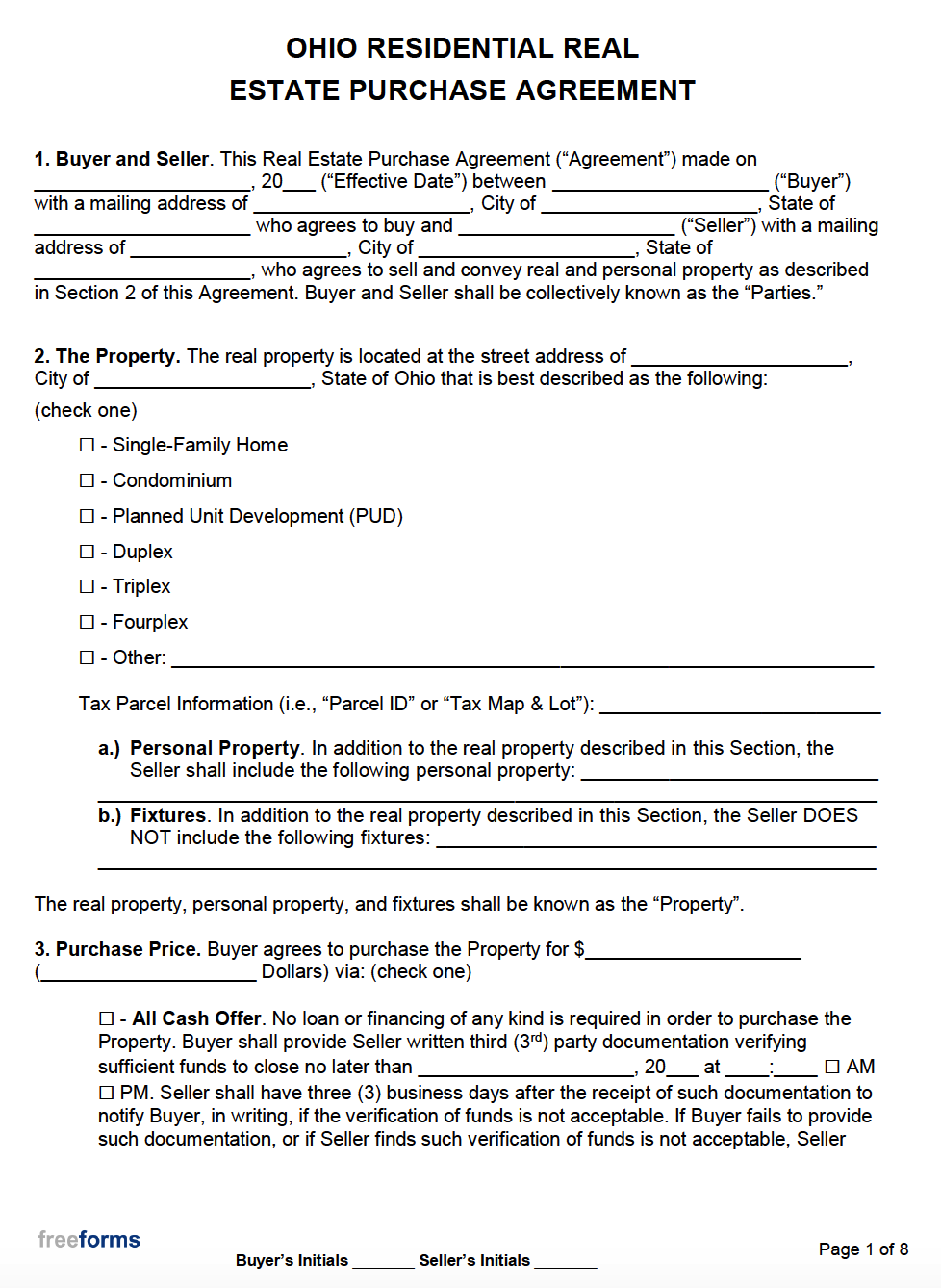 Free Ohio Real Estate Purchase Agreement Template Pdf Word