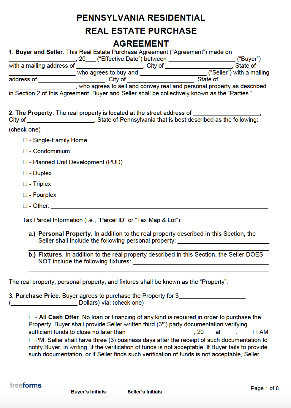 Free Pennsylvania Real Estate Purchase Agreement Template PDF WORD