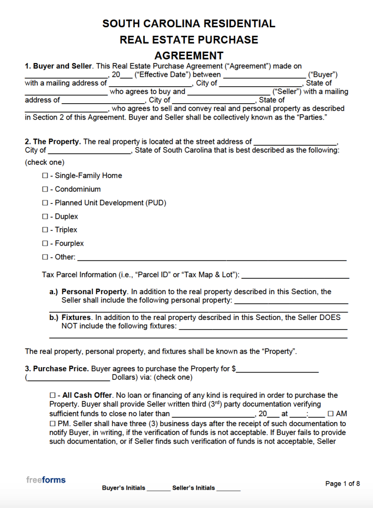 Free South Carolina Real Estate Purchase Agreement Template PDF WORD   South Carolina Residential Real Estate Purchase Agreement 752x1024 