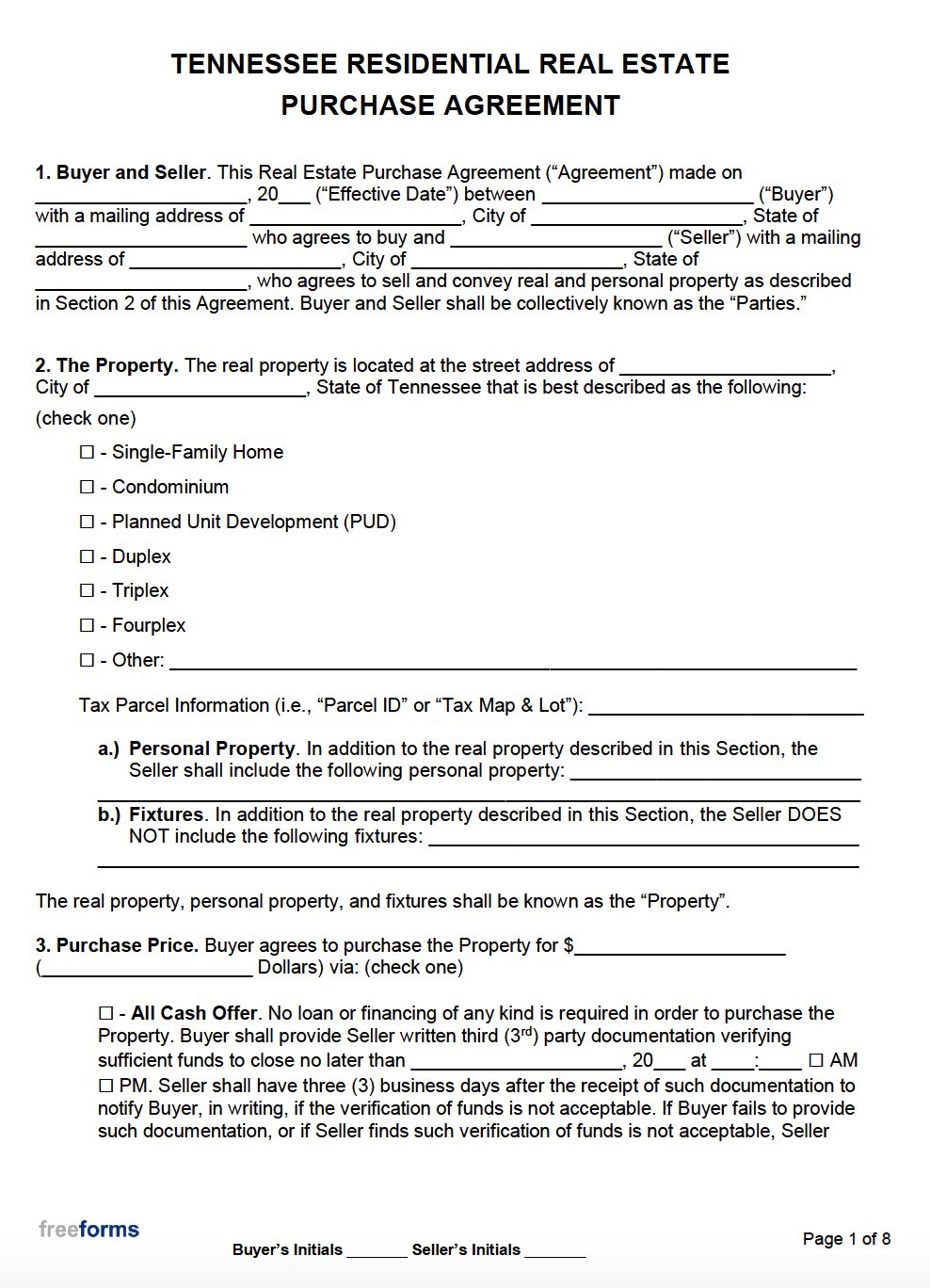 Free Tennessee Real Estate Purchase Agreement Template PDF WORD