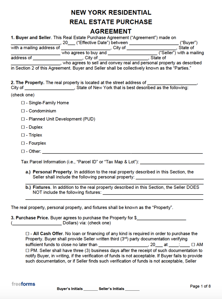 Free New York Real Estate Purchase Agreement Template PDF WORD