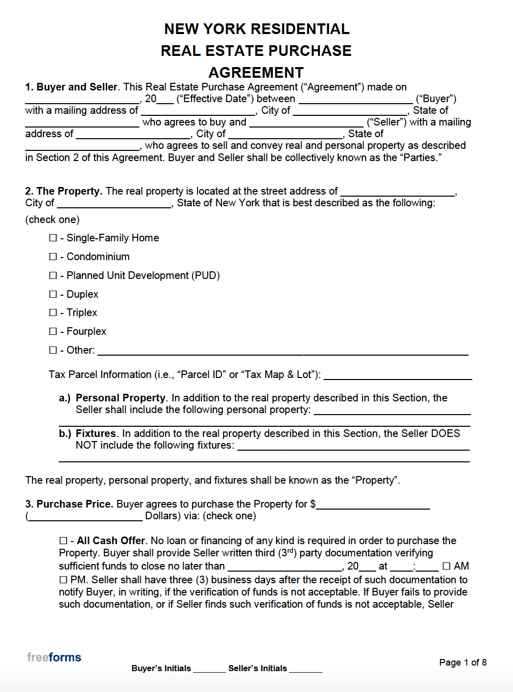 Free New York Real Estate Purchase Agreement Template, PDF