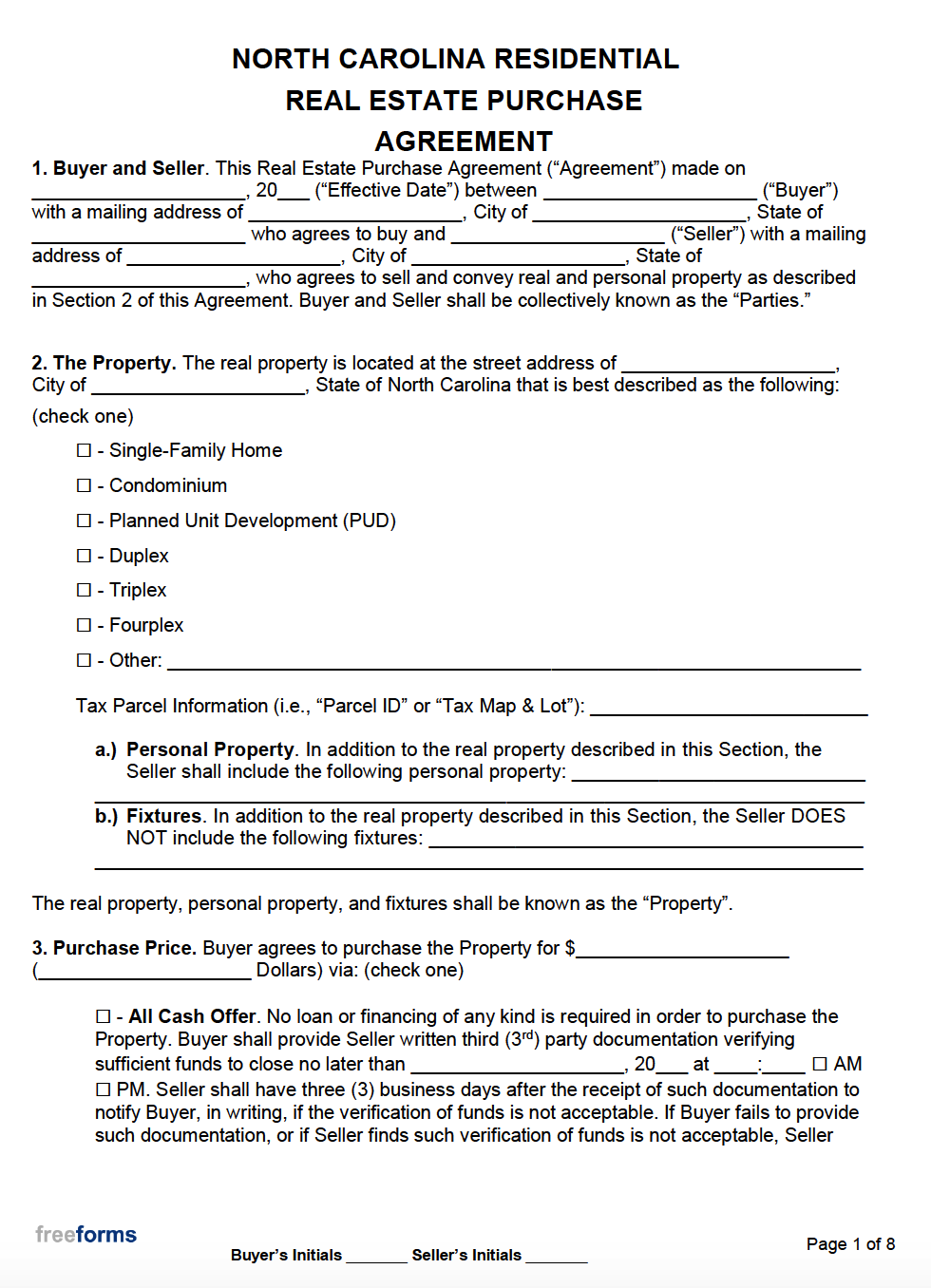 Free North Carolina Real Estate Purchase Agreement Template PDF WORD