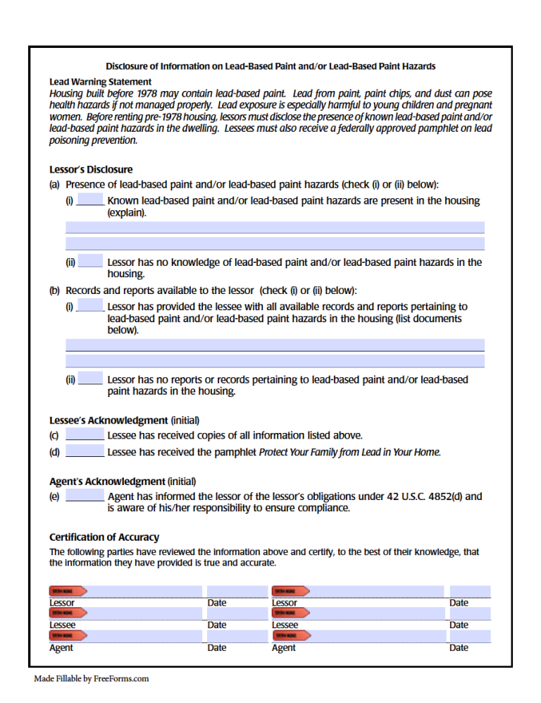 Free LeadBased Paint Disclosure Form For Renters PDF WORD