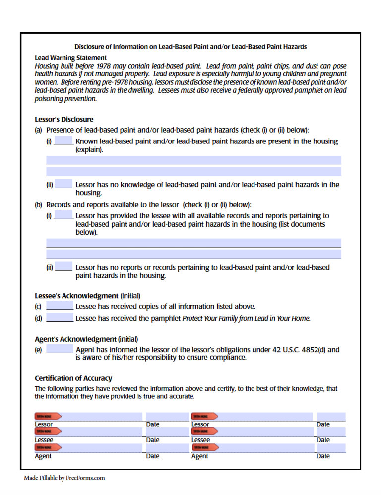 Free Lead Based Paint Disclosure Form For Renters PDF WORD